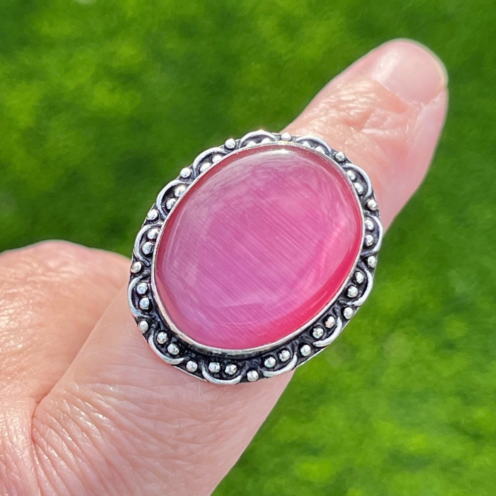Pink Cat’s Eye Sterling Silver Gemstone Ring Sz 8